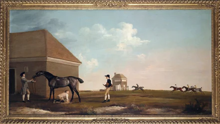 ""Dostihový kůň Gimcrack v Newmarket Heath s trenérem, klukem a žokejem"" Obraz George Stubbse (1724-1806) 1765 Rozměr 101,6x194 cm Soukromá sbírka