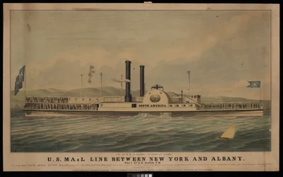 Poštovní linka USA mezi New Yorkem a Albany denně v 5 hodin odpoledne.... (litografie, kolorovaná)