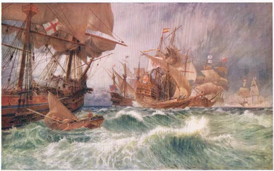 Výzva ke kapitulaci: incident při útoku velké Armady z roku 1588, z Cassells History of the British People vydané Waverley Book Company, kolem 50. let 20. století