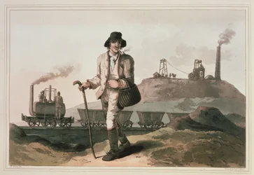 Lokomotiva Blenkinsop v dolu Middleton poblíž Leedsu, vyryla Robert a Daniel Havell, 1814