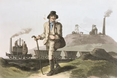 Lokomotiva Blenkinsop v dolu Middleton poblíž Leedsu, z „Costume of Yorkshire“ vyrytý Robertem Havellem (1769-1832) 1814