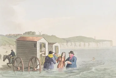 Koupání v moři v zátoce Bridlington, z knihy "Costumes of Yorkshire", autor George Walker