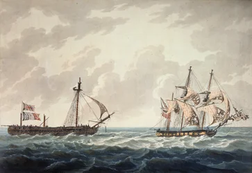 Šalupa Jeho Veličenstva, Bonne Citoyenne, s francouzskou fregatou La Furieuse po akci ze 6. července 1809, vyrytá R und D Havellem, publikoval Robert Cribb v roce 1810