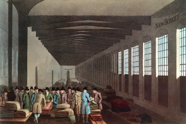 Cloth Hall, New Street, London, rytina Robert Havell, hospoda. od Robinson & Son, Leeds, 1814