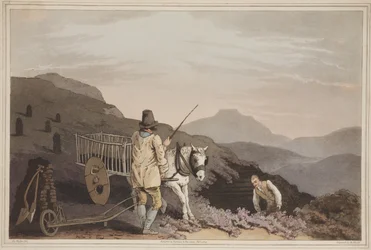 Rašelinový vozík z The Costume of Yorkshire, vyrytý Robertem Havellem, 1814 (ručně kolorovaná akvatinta)