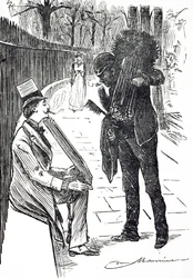 Karikatura zachycující kominíka, jak nosí své kartáče ulicemi Londýna. Ilustroval George du Maurier (1834-1896), francouzsko-britský karikaturista a spisovatel