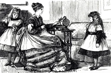 Karikatura zobrazující mladou matku pomocí šicího stroje. Ilustroval George du Maurier (1834-1896), francouzsko-britský karikaturista a spisovatel