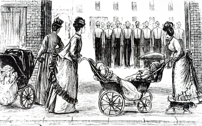 Rytina znázorňující chůvy převážející děti na procházkách. Ilustroval George du Maurier (1834-1896), francouzsko-britský karikaturista a spisovatel