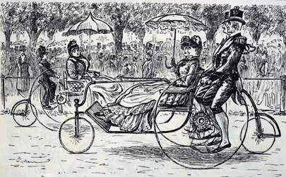 Rytina zobrazující cestující jedoucí v kočárech pro jízdní kola. Ilustroval George du Maurier (1834-1896), francouzsko-britský karikaturista a spisovatel