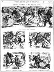 Obecné přijetí kolečkových bruslí. Karikatury George du Maurier z Punch