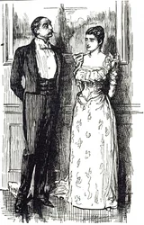 Karikatura Georges du Maurier ilustrující muže a ženu v rozhovoru na společenské akci, Anglie 1891