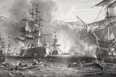 Bombardování Alžíru, 27. srpna 1816, z „Ilustrace anglické a skotské historie“ svazek II (rytina)