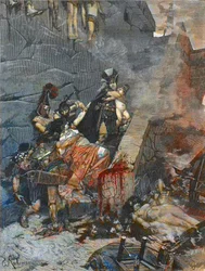 Andromaché - Andromaque (Odysseus vytrhává Astyanakta z náruče Andromaché, aby ho svrhl z trojských hradeb) - Rytina podle obrazu George-Antoina Rochegrosse (1859-1938)