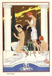 Otrokyně nalévá voňavý olej na vlasy své paní, starověký Řím, 1928