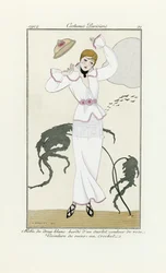 Design pro bílé šaty s růžovým lemováním a háčkovaným páskem, od Costumes Parisien, pub. 1912 (pochoir print)