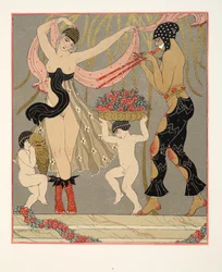 Tanec květin, ilustrace z Les Chansons de Bilitis, Pierre Louys, hospoda. 1922 (tisk šablony)