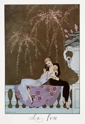 Oheň, litografie od George Barbiera (1882-1932), z Falbalas et Fanfreluches, Almanach des Modes Presentes, Passees et Futures
