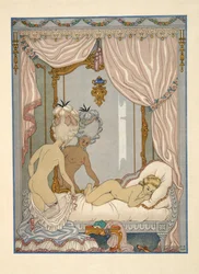 Návštěva markýzy de Merteuil v ložnici Cécile de Volanges, ilustrace z knihy „Nebezpečné známosti“ od Pierra Choderlose de Laclose (1741-1803), vydané roku 1934