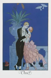 Ano, dva mladí snoubenci ve večerních šatech, litografie George Barbiera (1882-1932), z Falbalas et Fanfreluches, Almanach des Modes Presentes, Passees et Futures