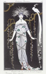 Stříbrné brokátové večerní šaty a paruka - Ilustrace George Barbier (1882-1932). v „“ Journal des dames et des modes: Costumes Parisiens““