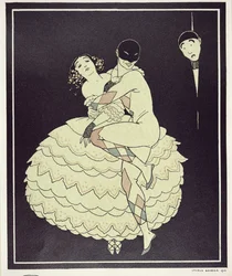 Tamara Karsavina (1885-1978) jako Kolumbína a Vaslav Nižinskij (1890-1950) jako Harlekýn ve Fokinově "Karnevalu" v roce 1910, vyd. 1914 (pochoárový tisk)