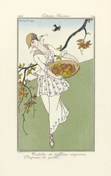 Potištěný taftový záchod, Slaměný klobouk, od Costume Parisiens, pub.1914 (tisk šablony)