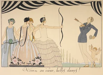 Visez au coeur, belles dames. Zamiřte na srdce dámy. Žena střelí muže šípem do srdce.