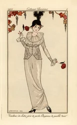 Žena v perleťově šedém kostýmu a černém slaměném klobouku. Ručně kolorovaný pochoirový tisk podle ilustrace George Barbiera z Journal des Dames et des Modes Tommasa Antonginiho, Aux Bureaux du Journal des Dames et des Modes