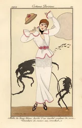 Žena v bílých vlněných šatech s růžovým lemem, pásem háčkovaných růží, ztrácející klobouk ve větru. Robe de drap blanc borde d’un ourlet couleur de rose, ceinture des roses en crochet. Ručně kolorovaný lept pochoir (šablona) podle ilustrace George Barbi