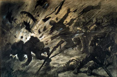 Účinek granátu v noci, duben 1915. Kresba Georgese Scotta, zvaného Scott de Plagnolles (1874-1942), 1915 - Tuš na papíře, kvašové světla - Rozměry: 0,67 x 1,010 m - Paříž, Musée de l
