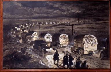 První světová válka (1914-1918): „Posvátná cesta u Verdunu“. Akvarel Georgese Bertina Scotta (1873-1942), zvaného Scott de Plagnolles. Březen 1916. 0,7 x 1,1 m. Paříž, Musée de l