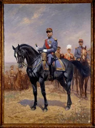 První světová válka: „“Jezdecký portrét Ferdinanda Focha (1851-1929) marechala Francie““ Za ním Douglas Haig, Armando Diaz a Maxime Weygang. Obraz Georgese Bertina Scotta (1873-1942) dit Scott de Plagnolles 1930 Sun. 1,25x0,92 m. Paříž, Musee d