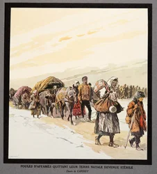 Exodus hladových lidí z vlasti, z Histoire des Soviets, pub. 1922 (barevná litografie)