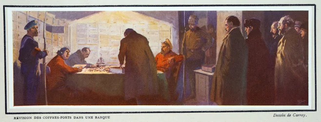 Uvnitř bankovního trezoru během revoluce, z knihy Histoire des Soviets, pub. 1922 (barevná litografie)