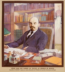 Lenin ve své kanceláři v Kremlu v Moskvě, z knihy Histoire des Soviets, vyd. 1922 (barevná litografie)