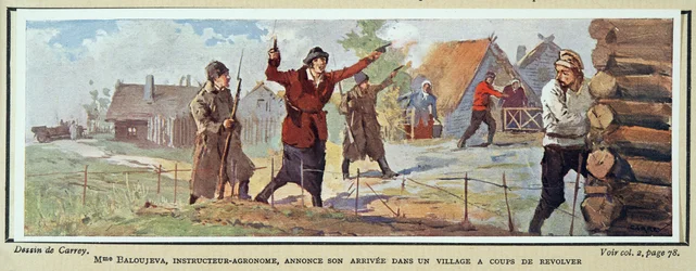 Agronomka paní Balujeva oznamuje svůj příjezd do vesnice s revolverem, z knihy Histoire des Soviets, pub. 1922 (barevná litografie)