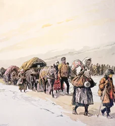 Hladovějící davy opouštějící svou vlast, cca 1924 (barevná litografie)