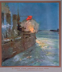 Křižník Aurora bombarduje Zimní palác, asi 1923-24 (barevná litografie)