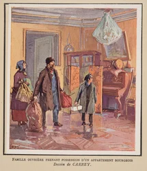 Dělnická rodina přebírající buržoazní byt, z Histoire des Soviets, pub. 1922 (barevná litografie)