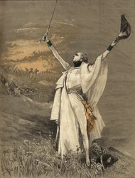 Herečka Henriette Rosine Bernardová zvaná Sarah Bernhardt (1844-1923) v roli vévody z Reichstadtu (syn císaře Napoleona I. (1769-1821) - „“The Aiglon”), rytina Georges Jules Victor Clairin (1843-1919 ) z roku 1900.