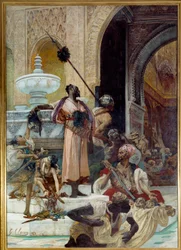 Masakr Abenceragů. Abenceragové, maurský kmen granadského království v 15. století, byli vyhubeni Boabdilem zvaným Zoghbi (1452-1528). Obraz Georgese Julese Victora Clairina (1843-1919)