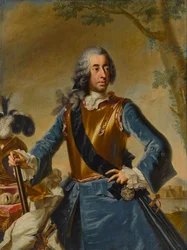 Clemens August Bavorský (1700-1761), kolínský arcibiskup-kurfiřt jako velmistr Řádu německých rytířů - George Desmarees (1697-1776). Olej na plátně, cca 1746. Rozměr : 155x114,5 cm Soukromá sbírka