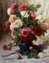 Zátiší růží ve váze. Obraz Georgese Jeannina (1841-1925, Francie) Soukromá sbírka