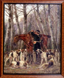 Nakládání na koně jelena zabitého při honu na koně - kresba Georges La Roque, cca 1900