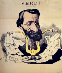 Karikatura skladatele Giuseppe Verdiho (1813-1901) od Pilotella (1845-1918), březen 1869. Conservatoire National de Musique, Paříž