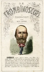 Giuseppe GARIBALDI (1807-1882) ilustrace z "Le Trombinoscope", satirického politického časopisu Leona-Charlese Bienvenua, známého jako Touchatout (1835-1910) monografie č. 20, imprimerie Vallee, Paříž