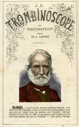 Louis-Auguste BLANQUI (1805-1881) - ilustrace z "Le Trombinoscope", satirického politického časopisu Leona-Charlese Bienvenua, známého jako Touchatout (1835-1910) , monografie. 27, Paříž, březen 1872