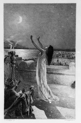 Salammbo, dcera Hamilcara Barcy (nebo Barcas), se modlí Tanit, bohyni měsíce Ilustrace Georgese Antoine Rochegrosse (1859-1938) k románu „Salammbo“ od Gustava Flauberta, přičemž za rámec bere válku žoldáků v době První punské