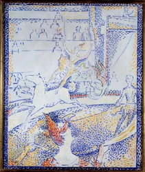 Cirkus Tanečnice předvádějící akrobatické číslo na koni a klaun. Skica Georgese Seurata (1859-1891) 1891 Sun. 0,55x0,46 m Paříž, musee d