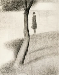 Muž stojící vedle stromu; studium na La Grande Jatte